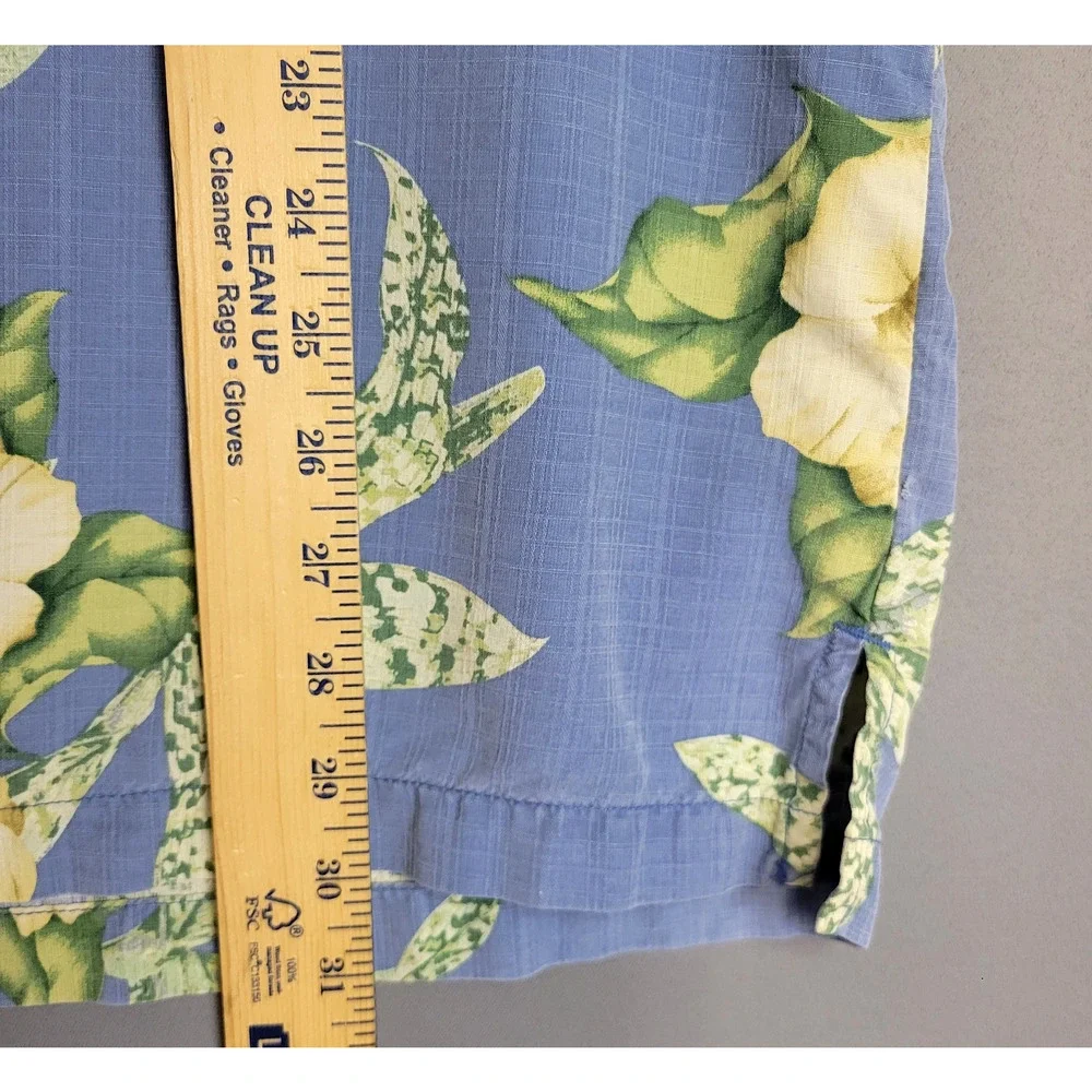 Bermuda Bay 100% Silk Shirt Mens L Blue Hawaiian Buttons Floral Short‎ Sleeve